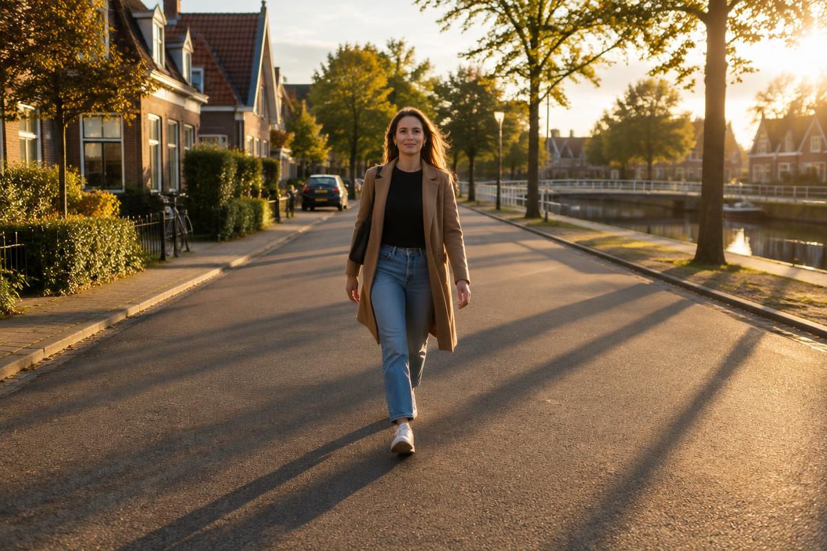 Een vrouw op een rustige Nederlandse straat in de namiddag